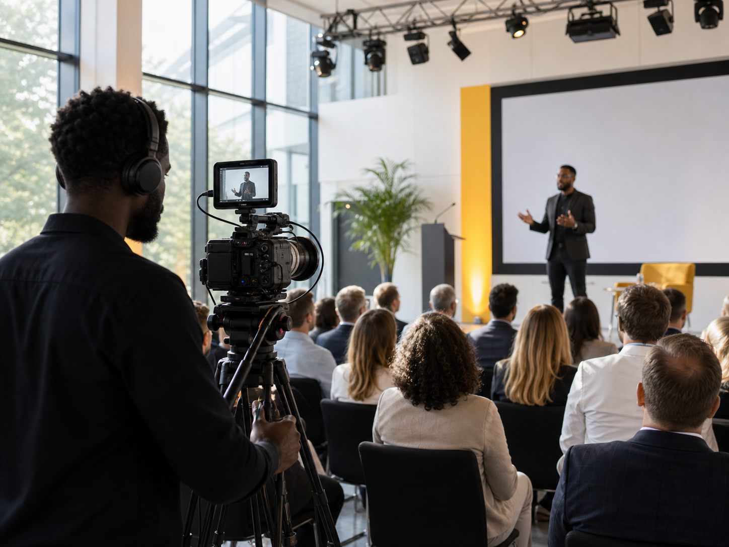 Corporate event production with film crew and stage lighting