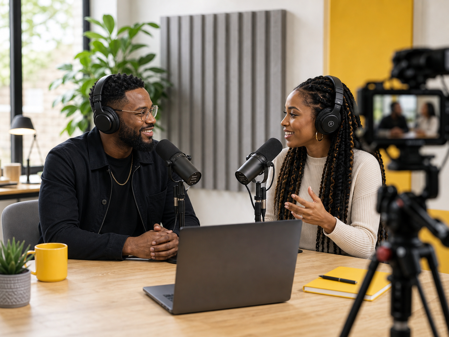 Modern podcast studio with camera and microphones
