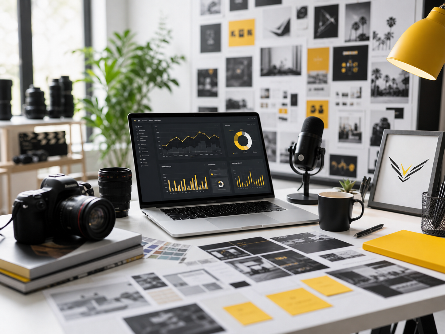 Bright studio desk with camera, laptop, microphone, and brand strategy materials